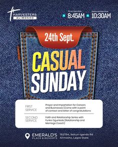 the flyer for an event with jeans on it and text that reads, casual sunday