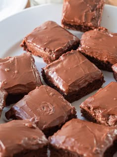 chocolate brownies with frosting on a white plate