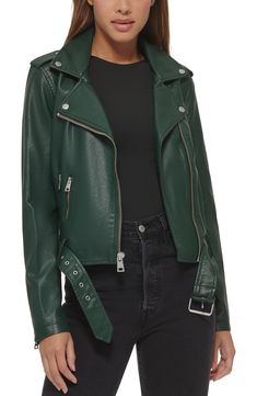 Green Leather Jacket Outfit, Green Leather Jacket, Leather Jacket Outfit, Green Leather Jackets, Maxi Skirt Outfits, Trendy Skirts, Skirt Trends, Faux Leather Moto Jacket, Levis Women