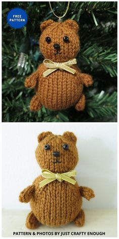 two pictures of teddy bears hanging from a christmas tree, one is brown and the other is yellow