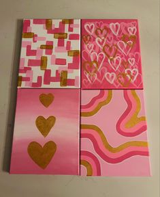 four pieces of pink and gold art with hearts