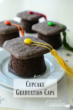 chocolate graduation caps on a white plate with the words cupcake graduation caps in front of them