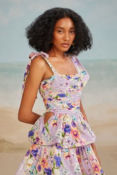 Lilac dress featuring floral print all over with layers, tie-up strap shoulder and cut-out waist. - Aza Fashions Texture Fabric, Layered Dress, Strappy Dress, Floral Squares, Dress Crafts, Lilac Dress, Strappy Dresses, Layer Dress, Printed Dress