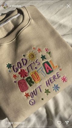 Brutal Embroidered Sweatshirt Sand Easy 30 day return policy Trendy Embroidered Cotton Sweatshirt, Cotton Sweatshirt With Multicolor Embroidered Text, Multicolor Embroidered Cotton Sweatshirt, Multicolor Letter Embroidery Cotton Sweatshirt, Trendy Sweatshirt With Letter Embroidery For Spring, Casual Tops With Multicolor Embroidery And Logo, Casual Embroidered Multicolor Top, Casual T-shirt With Multicolor Letter Embroidery, Casual Multicolor Embroidered Letter T-shirt