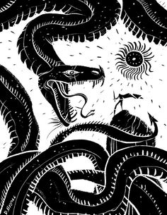 black and white drawing of an evil looking man with his mouth open, surrounded by snakes