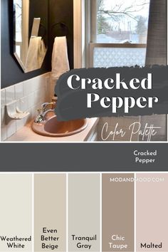 A color palette for Behr Cracked Pepper features cracked pepper, weathered white, Even Better Beige, Tranquil Gray, Chic Taupe, and Malted, below a photo of Cracked Pepper in a bathroom with a vintage blush colored sink. Behr Color Of The Year, Behr Color Trends, Basement Painting, Behr Paint Colors, House Color Palettes