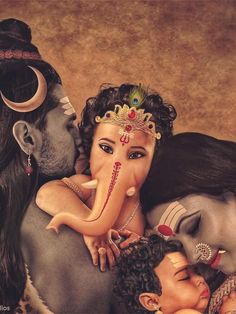 an elephant and two people are hugging each other with their faces painted like the hindu god ganesh