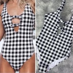 Cupshe Black And White Buffalo Plaid One Piece Swimsuit Bow Tie Front Small New With Tags Black Summer Beach Bodysuit, Black Summer Bodysuit For The Beach, Casual Black Bodysuit For Pool, Casual Black Bodysuit For Vacation, Casual Black Bodysuit For Poolside, Casual Black Bodysuit For Beach, Casual Black Bodysuit For The Beach, White Buffalo, Buffalo Plaid