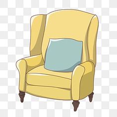 a yellow chair with a blue pillow sitting on it's back, in front of a