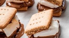 some cookies and marshmallows are sitting on a sheet of wax paper with chocolate sauce drizzled on them