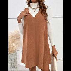 New Without Tags! Sleeveless Mini Dress For Fall Brunch, Fall Sleeveless Brunch Dress, Cheap Sleeveless Brown Mini Dress, Brown V-neck Mini Dress For Day Out, Summer Sleeveless Brown V-neck Dress, Casual Brown V-neck Mini Dress, Brown V-neck Mini Dress With Ruffle Hem, Dresses Shein, Shein Dresses