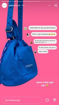 an image of a blue bag on a pink background with the text, what do you mean?