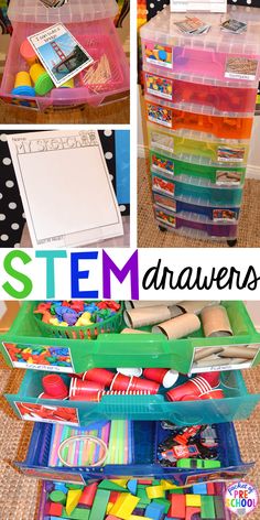 STEM drawers are a simple, easy to implement STEM activities even if you have a small classroom. Just add challenge cards and sketch paper. Perfect for preschool, pre-k, and elementary classrooms. Small Classroom, Stem Bins, Kindergarten Stem, Steam Ideas, Preschool Stem, Teaching Stem, Stem Classroom, Sketch Paper, Kindergarten Science