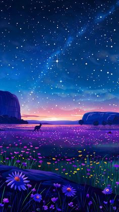 the night sky is filled with stars and purple flowers, as well as an animal