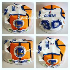 four photos of a birthday cake with basketballs on it and the words happy birthday