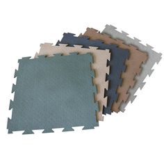 four different colors of foam flooring mats on white background with clipping for text