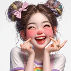 a digital painting of a girl smiling and holding her hands up to her face with both hands