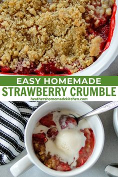 an easy homemade strawberry crumble is served in a bowl