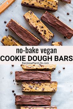 no - bake vegan cookie dough bars with chocolate chips on top