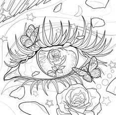 an eye with flowers and butterflies on it, in black and white coloring book page