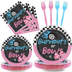 pink and black party supplies with checkered paper plates