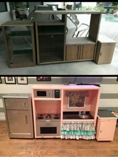 two pictures side by side one has a toy kitchen and the other has an oven