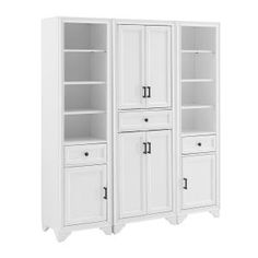 a white bookcase with two doors and three drawers on the bottom, one door open