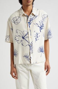 The LA-based luxury label brings forth another resort-ready staple in a button-up blooming with an enlarged topical print of flowers and fronds. A luxuriously lightweight blend of cotton and silk keep you feeling as great as you look. 28 1/2" length; 53" chest (size Large) Front button closure Point collar Short sleeves Chest patch pocket 55% cotton, 45% silk Dry clean Made in the USA Designer Clothing Women Illustration, Gender Inclusive, Elder Statesman, Resort Shirt, Silk Button Up, Shirt Design Inspiration, Printed Polo Shirts, Woman Illustration, Vibe Clothes