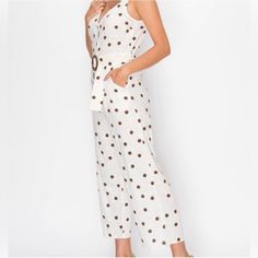 Monteau Los Angeles Womens Polka Dot Cropped Jumpsuit Size Xs, New With Tag Details: - Linen - Belt, Belt Loops - V-Neck - Sleeveless - Polka Dot - Cream White , Brown - Wide Leg - Cropped Length Approximate Measurements - Length 47 - Inseam 22 - Waist (Side To Side) 13 - Underarm To Underarm 15 - Length From Waist To Crutch 10 80% Rayon 20% Linen Machine Washable Chic Polka Dot Jumpsuits And Rompers For Summer, Summer V-neck Polka Dot Jumpsuits And Rompers, Casual V-neck Polka Dot Jumpsuits And Rompers, Casual Polka Dot Jumpsuits And Rompers For Summer, Linen Belt, Black Sleeveless Jumpsuit, Black White Jumpsuit, Jumpsuit Navy Blue, Polka Dot Jumpsuit