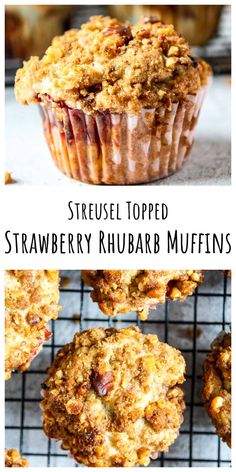 several muffins on a cooling rack with the words, streusel topped strawberry rhubarb muffins