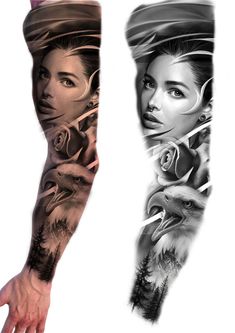 two different tattoos on the arms and arm, each with an image of a woman's face