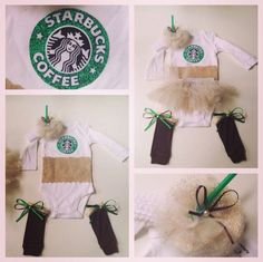 four pictures of baby clothes made to look like starbuckss