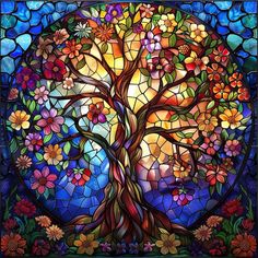 a stained glass tree with colorful flowers and leaves