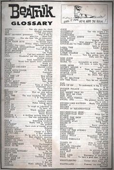 an old black and white newspaper article with the words beatnik glossary on it