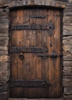 an old wooden door with metal latches on the front and side doors that are made out of stone