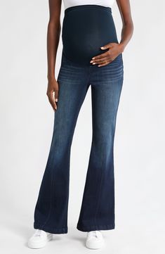 Darted and flared through the legs, these floor-sweeping flare jeans feature a stretchy belly band that offers a comfy fit throughout your pregnancy. 33" inseam; 23" leg opening Over-the-bump waistband Back patch pockets 56% cotton, 24% rayon, 19% polyester, 1% spandex Machine wash, tumble dry Imported The Bump, Belly Band, Maternity Jeans, Belly Bands, Nordstrom Store, Comfy Fits, Bump, Flare Jeans, Nordstrom