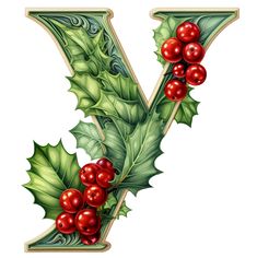 the letter y is decorated with holly leaves and red berries