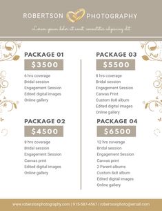 the wedding photography pricing sheet is shown in gold and gray colors, with two photos on each