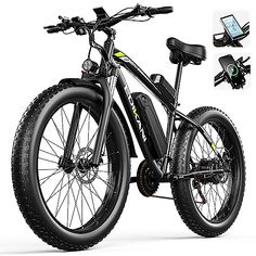 an electric bike is shown with the front wheel and rear tire on it's side