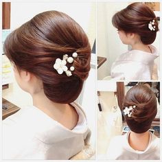 Japanese Hairdo, Sanggul Cepol, Chignon Hair, Mother Of The Bride Hair, Hair Accessories Boho, Floral Accessories Hair, Indian Bride Hairstyle