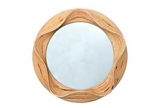 a round wooden mirror with wavy lines on the frame and bottom edge, against a white background