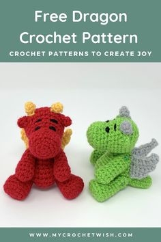 two crocheted stuffed animals sitting next to each other with the text free dragon crochet pattern