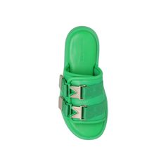 100% nylon - Leather details - Leather Insole - Rubber sole Nylon Sandals With Rubber Sole And Round Toe, Green Leather Slides With Cushioned Footbed, Green Leather Flat Slides, Ysl Lip, Denim Slides, Cult Gaia Bag, Tods Bag, Men Dior, Metallic Flats