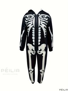 Peilia - Womens Plus Size Halloween Gothic Sleepwear Jumpsuit - Skeleton Print, Zipper Closure, Long Sleeves, and Hooded Design Halloween Long Sleeve Onesie For Costume Party, Halloween Costume Party Long Sleeve Onesie, Long Sleeve Onesie For Halloween Costume Party, Black Long Sleeve Onesie For Fall, Casual Halloween Costume Onesie, Black Long Sleeve Halloween Onesie, Winter Costume Party Hooded Onesie, Hooded Onesie For Costume Party In Winter, Hooded Onesie For Winter Costume Party