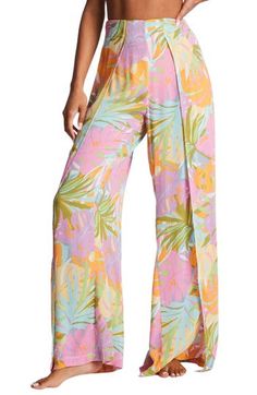 A ditsy floral print decorates this pair of split-leg pants, making them a casual-chic option. 29 1/2" inseam; 3" outseam length; 29" leg opening; 11" front rise; 15" back rise (size Medium) Side slits 100% viscose Hand wash, line dry Imported Women's Clothing Spirit Pants, Dark Floral Print, Split Legs, Billabong Women, Printed Wide Leg Pants, Jet Setter, Beach Pants, Dark Floral, Floral Pants