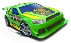 a green car with yellow stripes on it