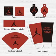 an image of happy birthday tags with air jordan logo and name in red, black and white