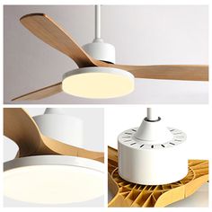 three different views of a ceiling fan with light bulbs and wood blades on the bottom