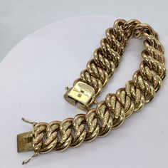 "Retro Art DecoThree Color 14K Gold Bracelet 1920-40s Vintage Jewelry 52.7 Gram 7 3/4 Inch 52.7 gram Hallmarked & \"585\", acid tested 14K gold  3/4 inch wide 7 3/4 inch 5/16 inch thick Well cared for, no damage, no abrasion, no scuff marks, functional, see pictures In excellent condition, no damage, no evidence of repairs, see pictures  American Made, 1940s, maybe earlier" Antique Yellow Gold Bracelets For Formal Occasions, Antique Yellow Gold Bracelet For Formal Occasions, Victorian Yellow Gold Bracelet For Formal Occasions, Antique Gold Bracelet Stamped 14k, Antique 14k Stamped Gold Bracelet, Victorian Gold Bracelet For Formal Occasions, Yellow Gold Art Deco Bracelet, Antique 14k Gold Formal Bracelets, Antique 14k Gold Bracelets For Formal Occasions