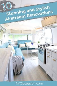 the interior of an rv with blue couches and white cabinets in front of it